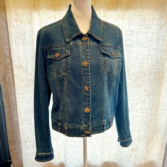 BEREK 2 by Takako Sakon Denim Jean Jacket—Crystal Buttons & Floral Lining Large - Picture 8 of 16